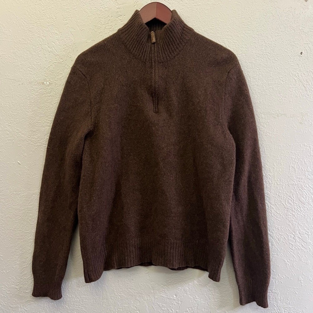 Polo Ralph Lauren Sweater Mens XL Brown Merino Wool Angora 1/4 Zip Mock Neck